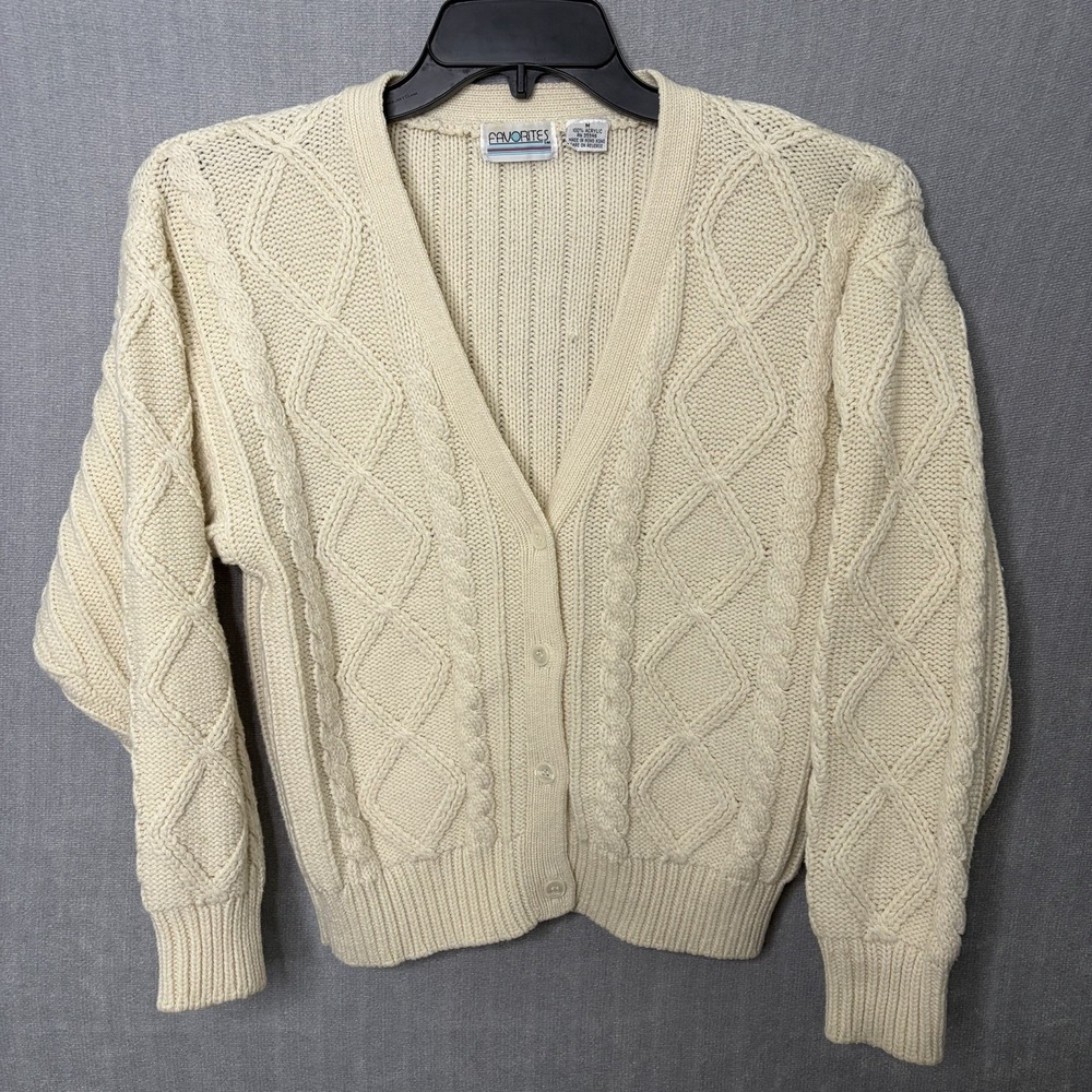 Vintage Cardigan Sweater Womens M Ivory Cable Knit Button Front Chunky Grandma